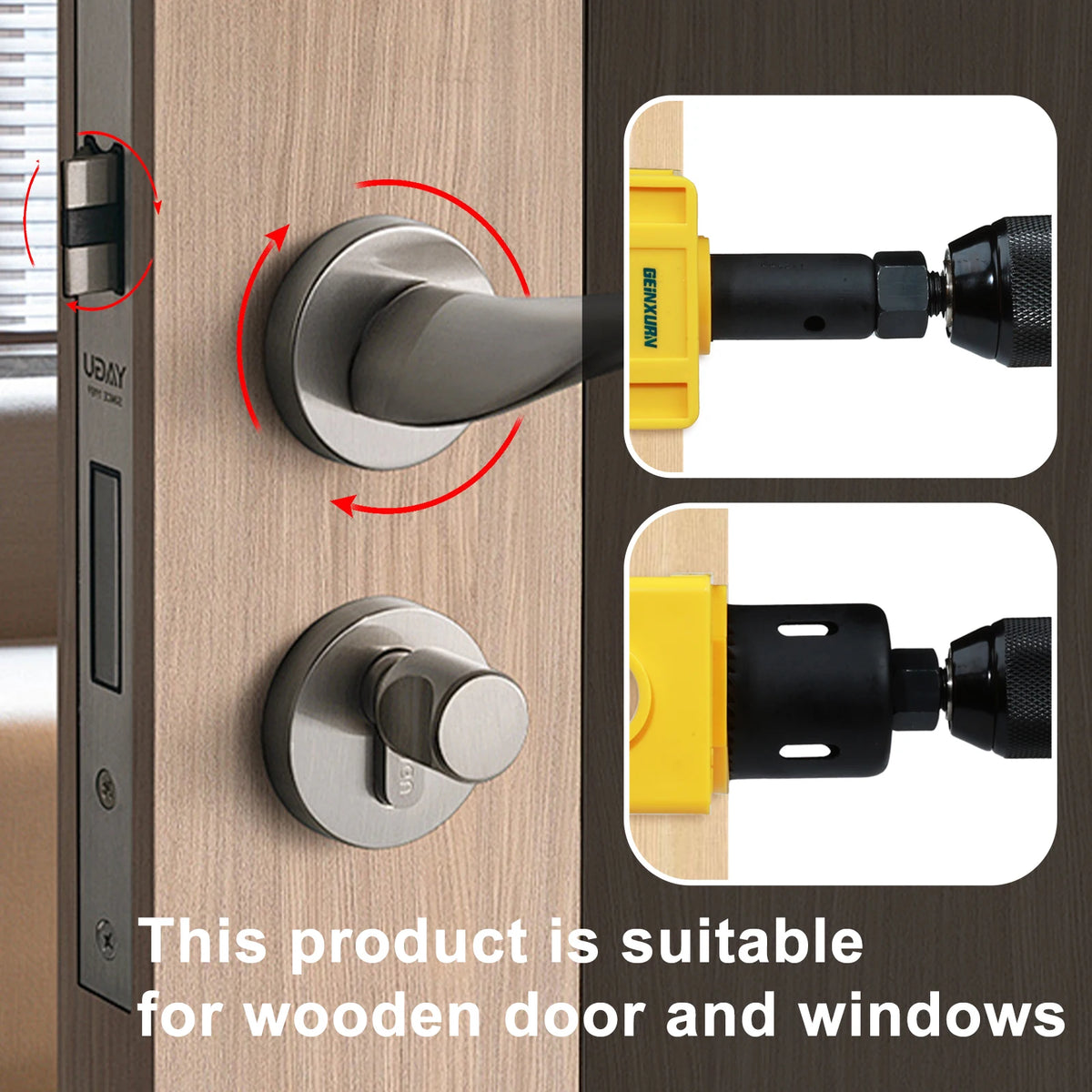 Door Lock Installation Kit - Carbon Steel Hole Saw Set with Guide Template for Door Knob & Lock Drilling