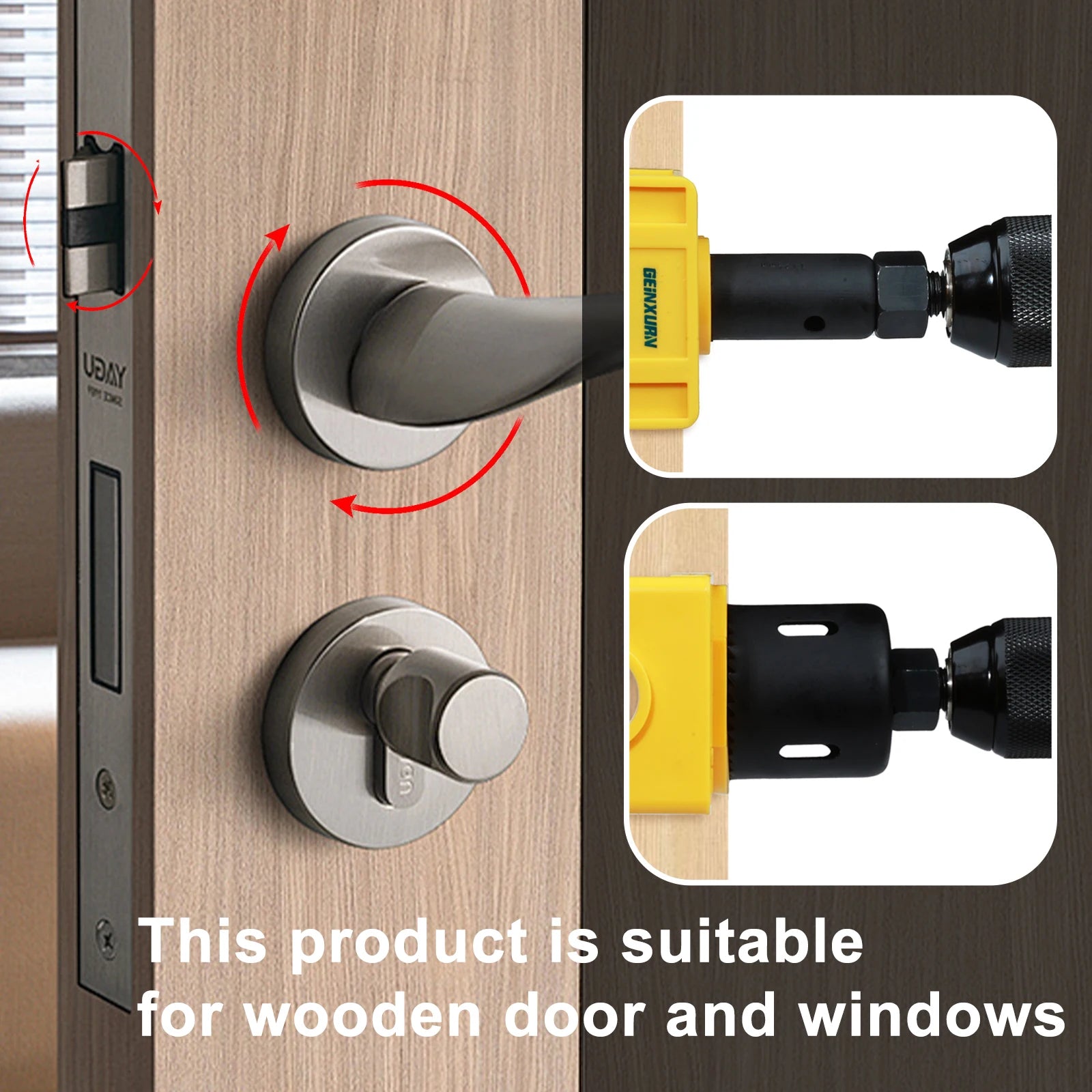 Door Lock Installation Kit - Carbon Steel Hole Saw Set with Guide Template for Door Knob & Lock Drilling
