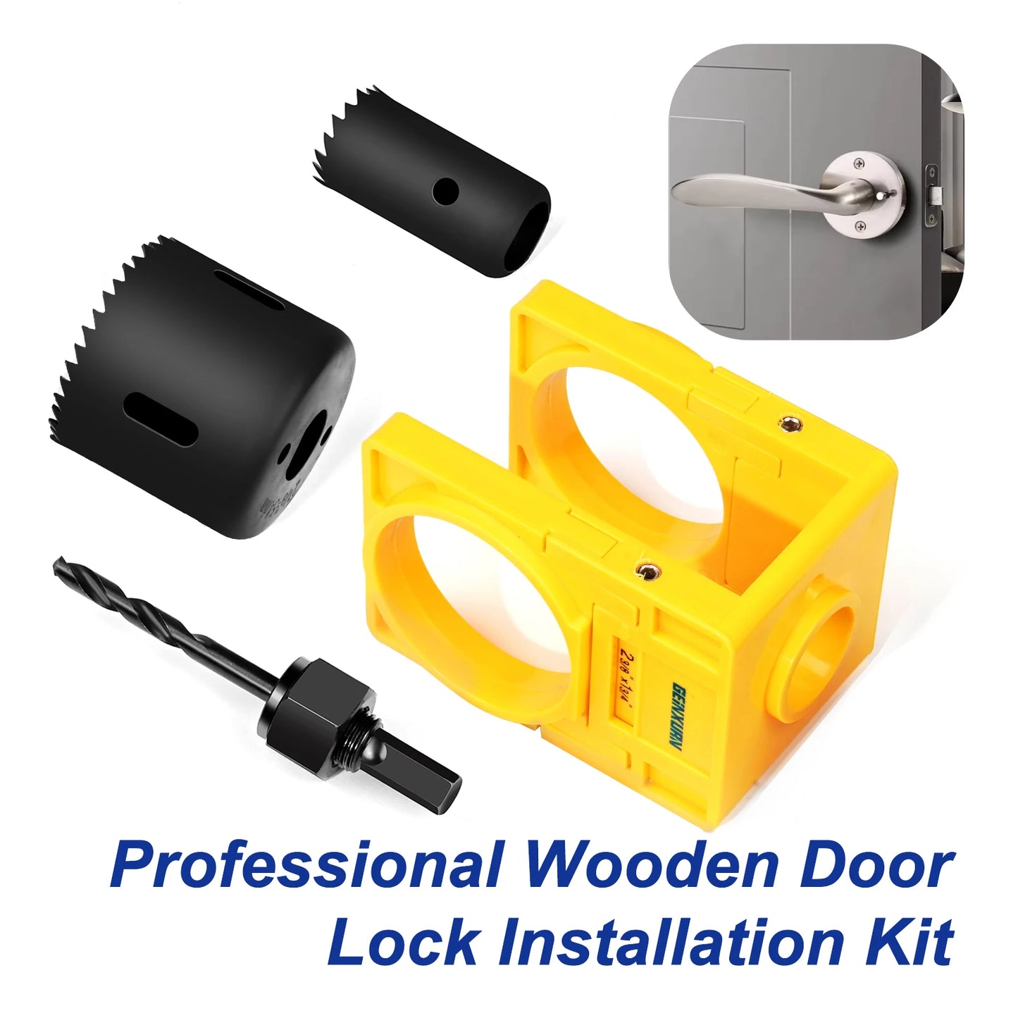 Door Lock Installation Kit - Carbon Steel Hole Saw Set with Guide Template for Door Knob & Lock Drilling