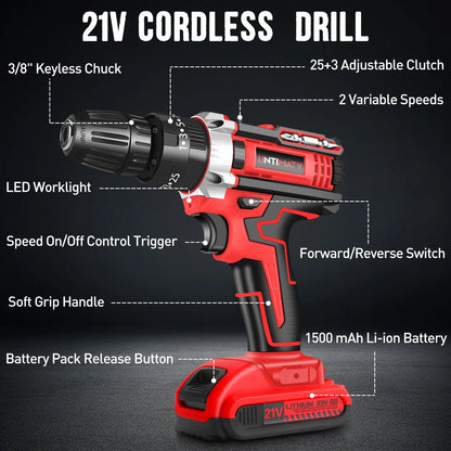 21V Cordless Power Drill Set, Power Drill Driver Kit with Lithium-Ion Battery and Charger, 3/8-Inch Keyless Chuck, 2 Variable Speed, 25+3 Position and 31Pcs Drill/Driver Bits, Red