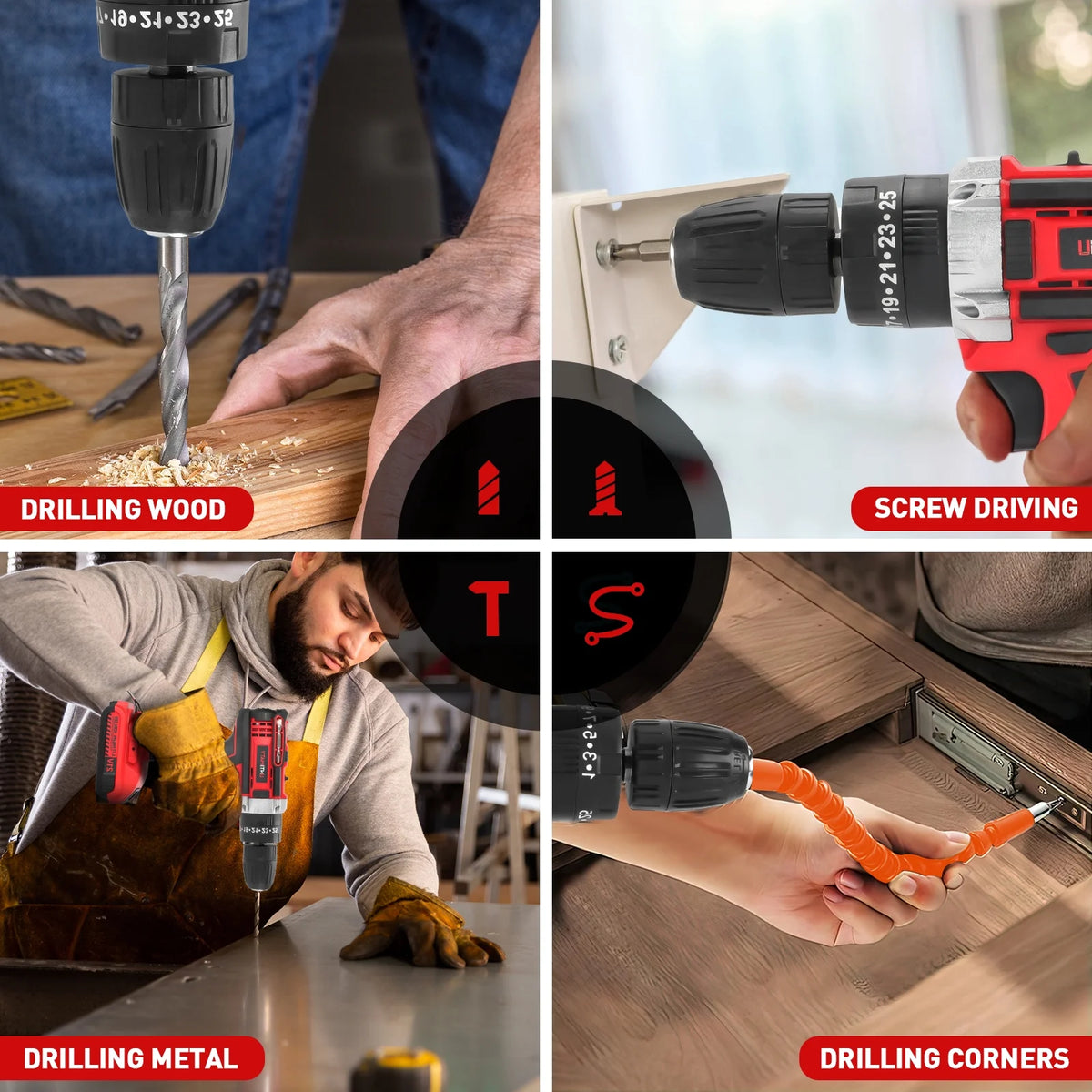 21V Cordless Power Drill Set, Power Drill Driver Kit with Lithium-Ion Battery and Charger, 3/8-Inch Keyless Chuck, 2 Variable Speed, 25+3 Position and 31Pcs Drill/Driver Bits, Red