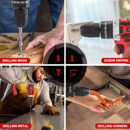 21V Cordless Power Drill Set, Power Drill Driver Kit with Lithium-Ion Battery and Charger, 3/8-Inch Keyless Chuck, 2 Variable Speed, 25+3 Position and 31Pcs Drill/Driver Bits, Red