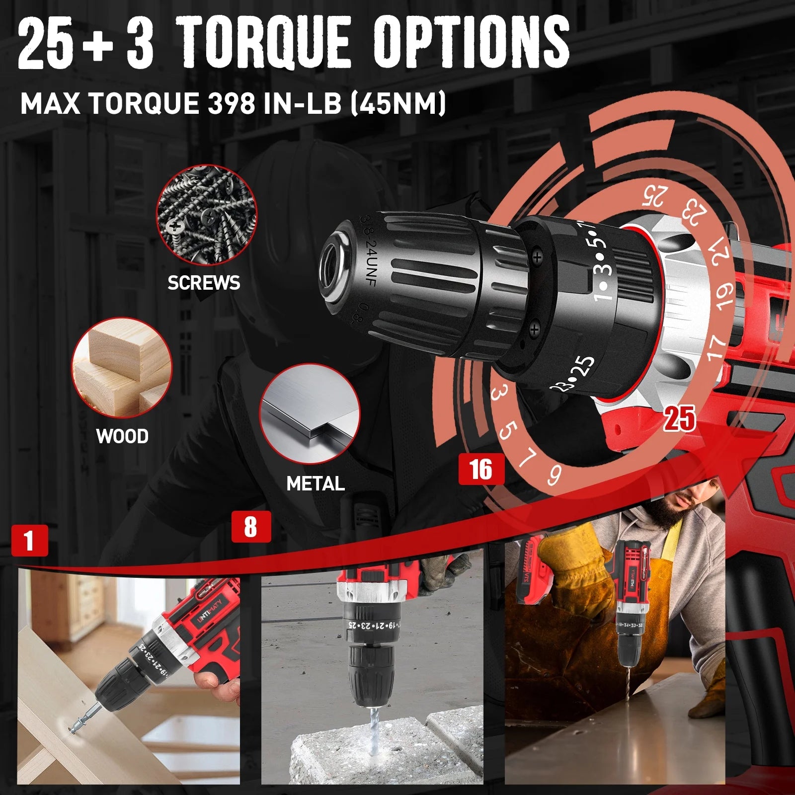 21V Cordless Power Drill Set, Power Drill Driver Kit with Lithium-Ion Battery and Charger, 3/8-Inch Keyless Chuck, 2 Variable Speed, 25+3 Position and 31Pcs Drill/Driver Bits, Red