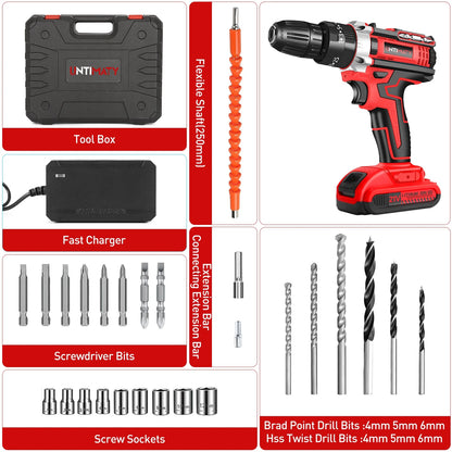 21V Cordless Power Drill Set, Power Drill Driver Kit with Lithium-Ion Battery and Charger, 3/8-Inch Keyless Chuck, 2 Variable Speed, 25+3 Position and 31Pcs Drill/Driver Bits, Red