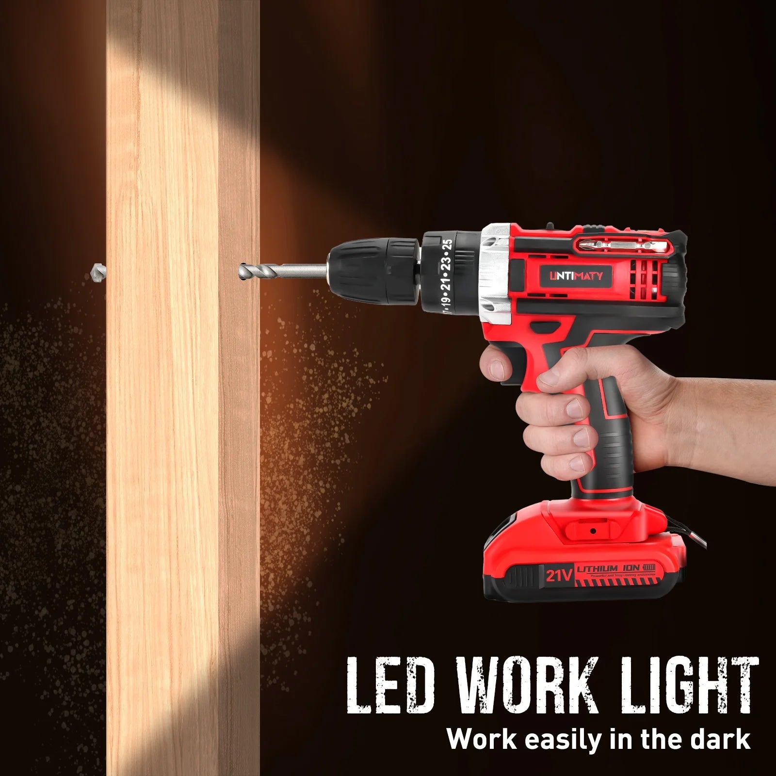 21V Cordless Power Drill Set, Power Drill Driver Kit with Lithium-Ion Battery and Charger, 3/8-Inch Keyless Chuck, 2 Variable Speed, 25+3 Position and 31Pcs Drill/Driver Bits, Red
